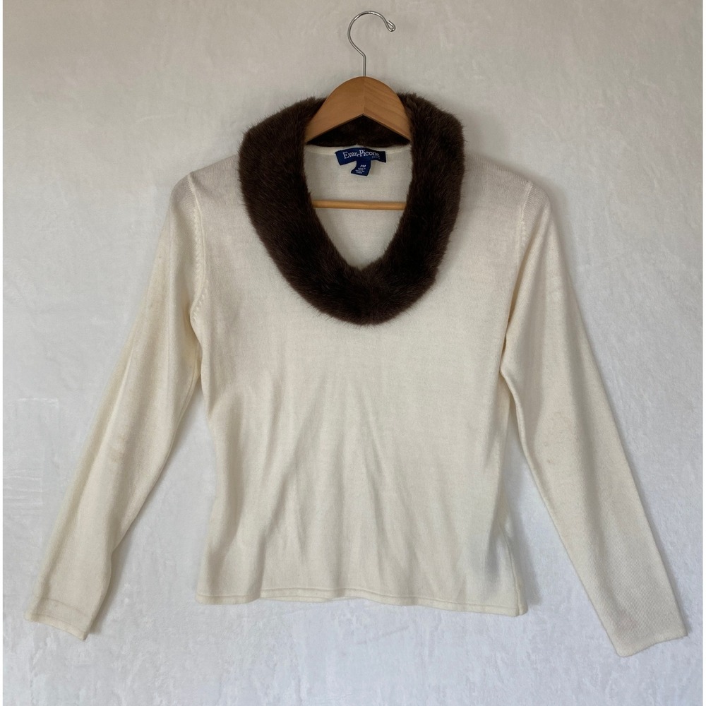 Evan Picone Petite Med Cream Faux Fur Collar Knit Sweater Old Money‎ 90s Luxury